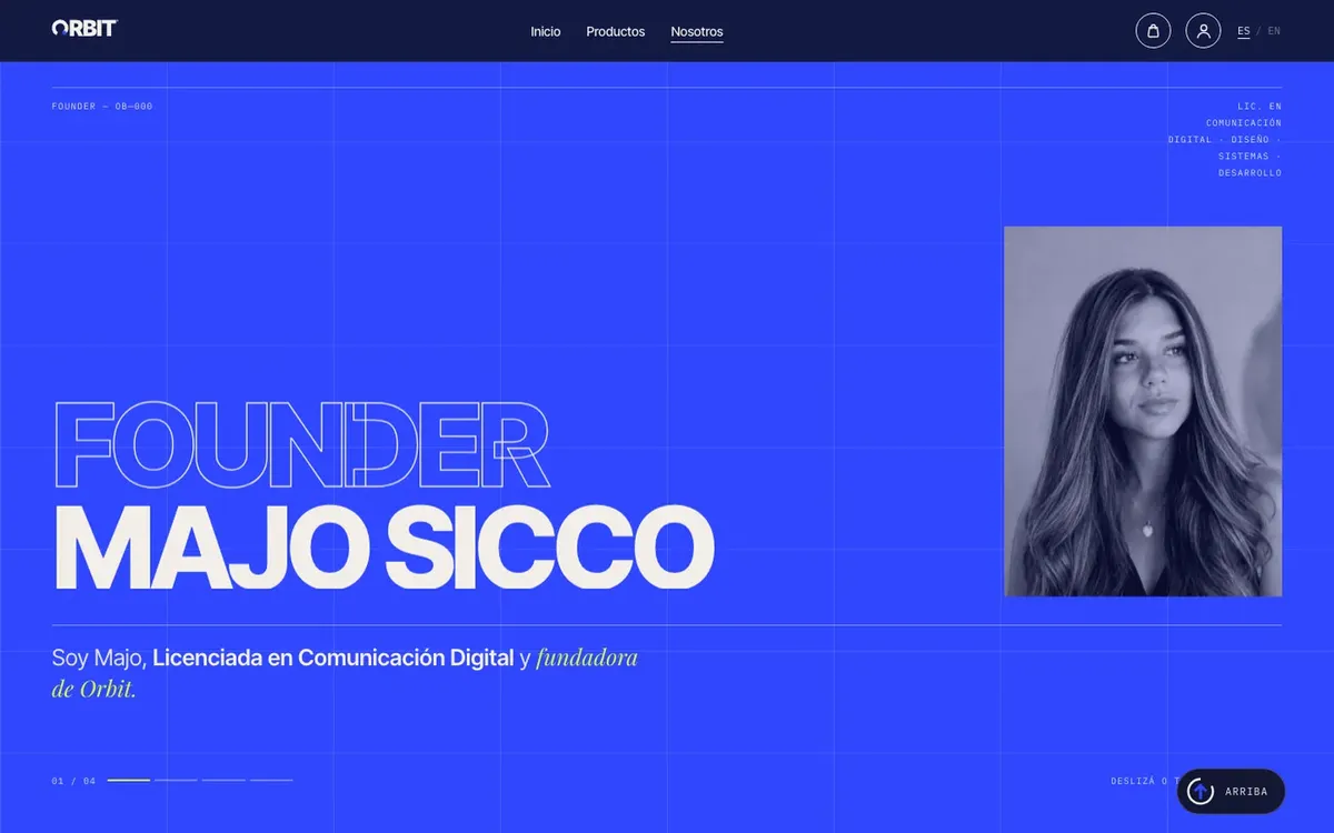 La página de la fundadora en el sitio de Orbit®: «Founder, Majo Sicco», que se desarma en capas (color, grilla, foto, tipografía, interfaz y código) y se vuelve a armar