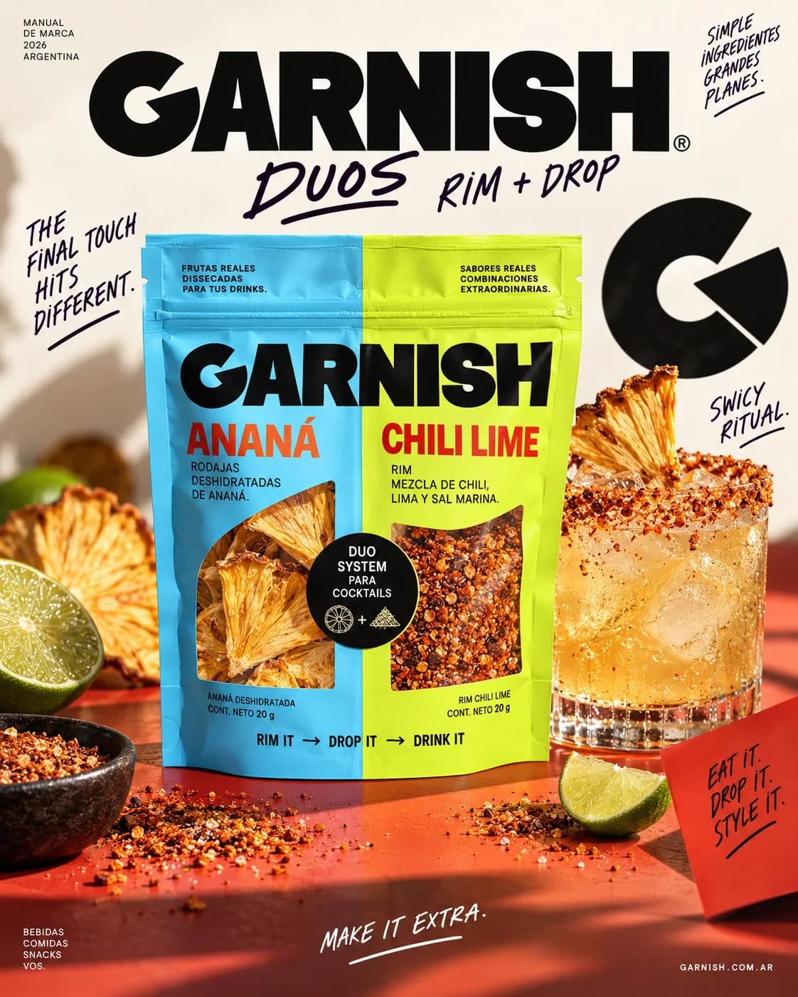 Render de Garnish Duos Ananá + Chili Lime junto a un trago con borde de chili