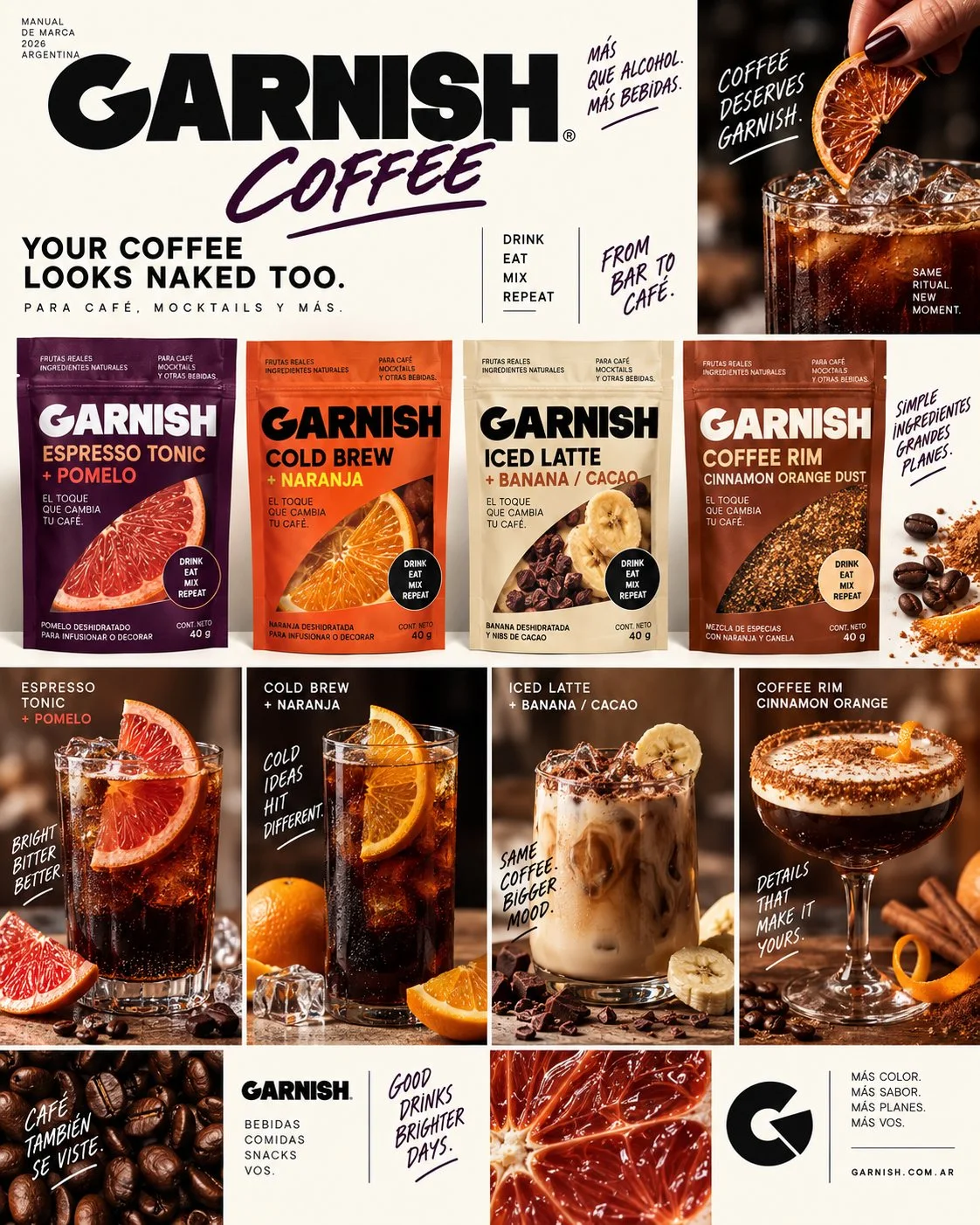 Moodboard de Garnish Coffee: cuatro bolsas para café, tragos de café con pomelo, naranja, banana y cacao, y un espresso martini con borde de canela